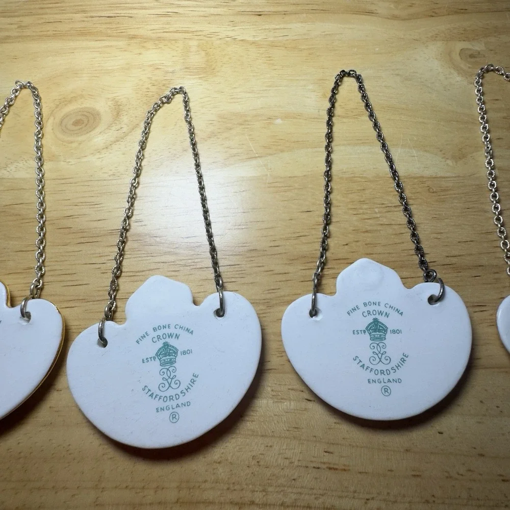 Set Of 5 Vintage Crown Staffordshire England Bone China Bottle Decanter Tags Bow